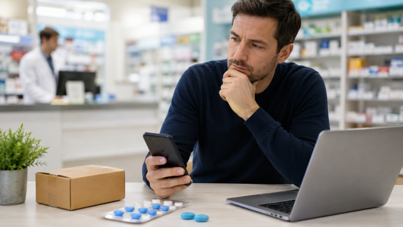 man in de apotheek vraagt zich af mag ik sildenafil ook kopen zonder recept?