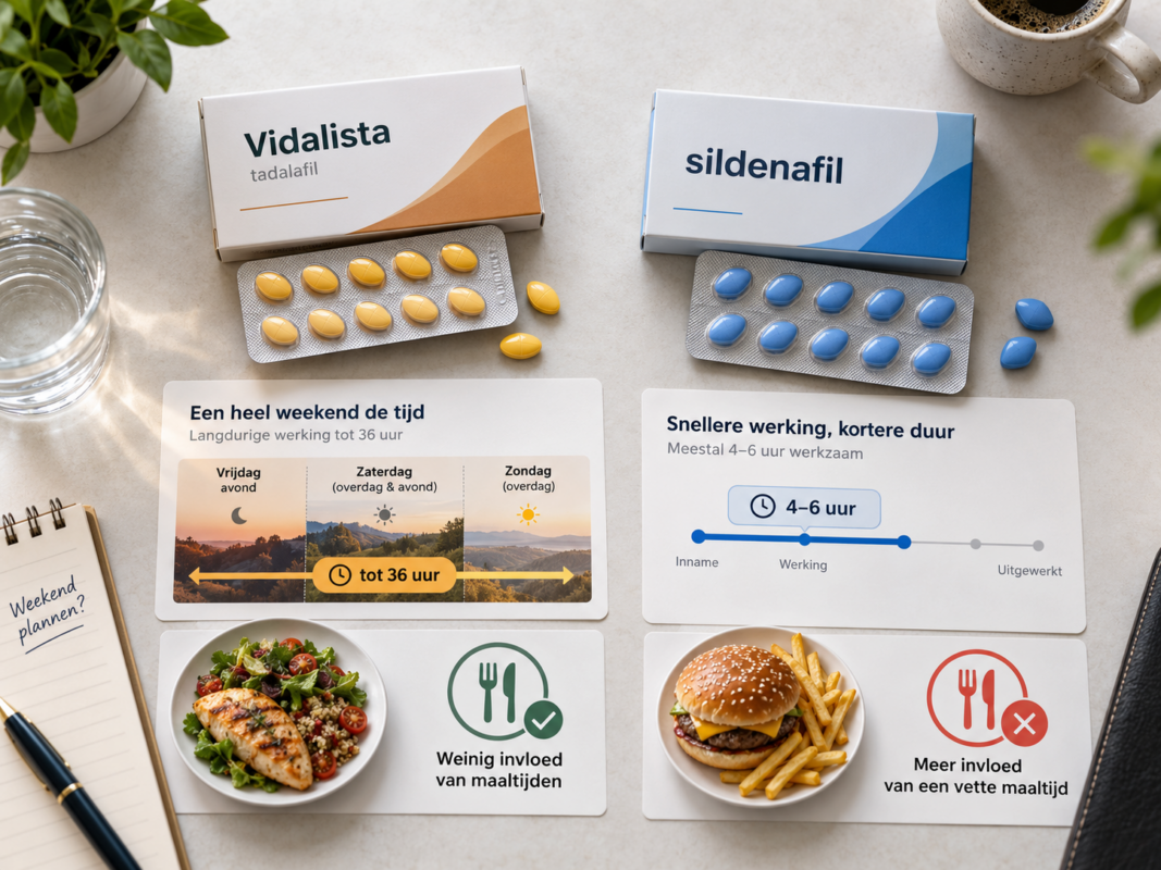 Vidalista met tadalafil vergeleken met sildenafil op werkingsduur en invloed van maaltijden.